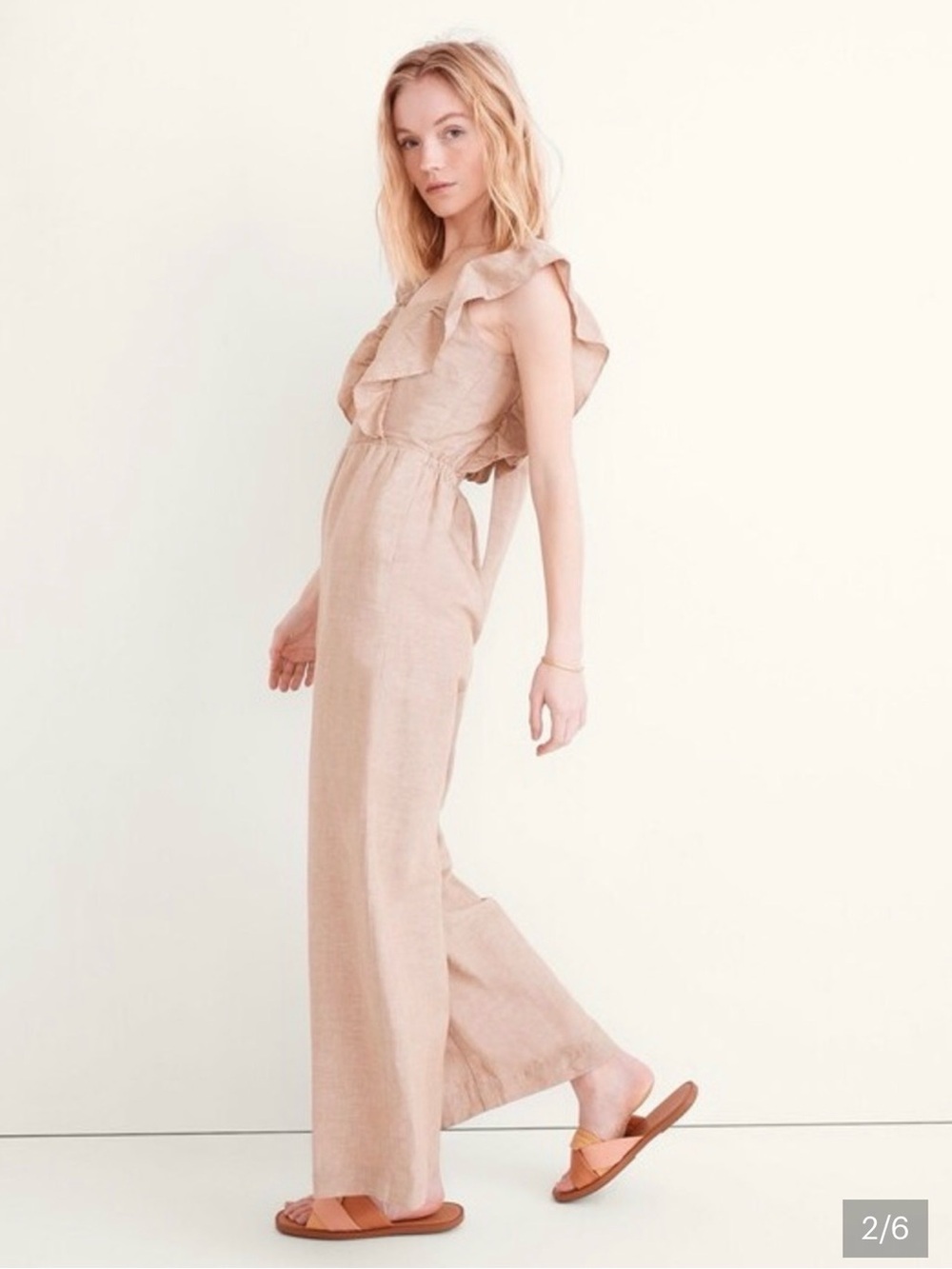 Madewell Linen Blend Ruffle Jumpsuit in Seed Tan Khaki